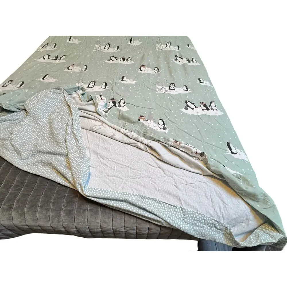 True North Playful Holiday Winter Penguins Mint Green Cotton Flannel Duvet Set